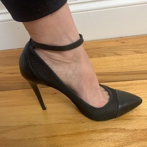 BCBGeneration Black Mesh Ankle Strap Heels